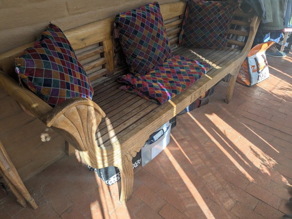 Long All Wood Bench With Seashell Design Armrests
