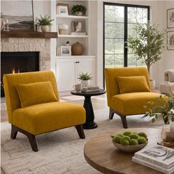Armless Accent Chairs Set of 2,Modern Comfy Upholstered Living Room Chairs with Wooden Legs& Pillows,Lounge Sofa Side Chair for Bedroom Farmhouse Read