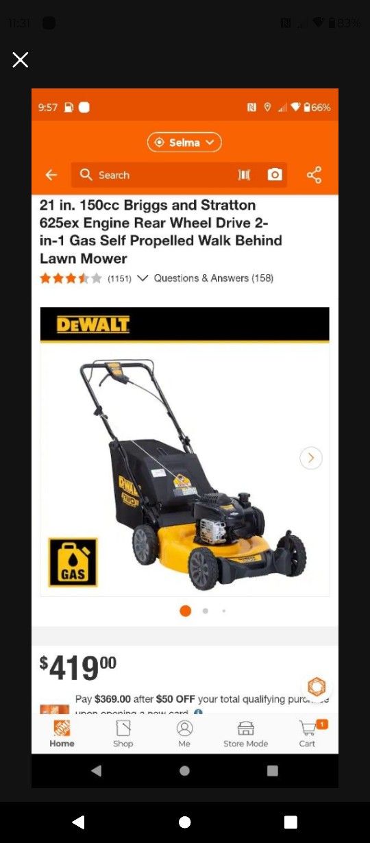 New DeWalt.  21"in   150cc Rear Wheel Drive Gas Lawnmower 