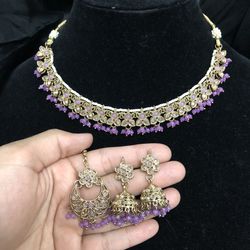 Polki Sleek Necklace Set With Jhumki Indian Bollywood Jewellery Lavendor Purple Color Set 