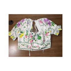 Floral Puff Sleeve Cropped Tie Front Cotton Blouse, Short Sleeve, Lightweight