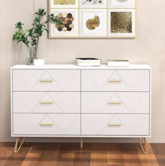 White, Modern, 6 Drawers with Gold Tone Metal Handles & Legs