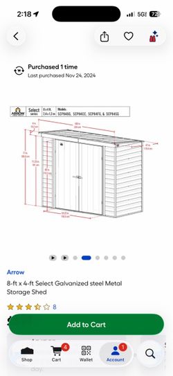 Arrow 8x4 ft Select Galvanized Steel Storage Shed