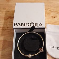 Pandora Brand New Authentic 7.5 Sterling Silver Solid Bangle W/ 1 Charm W/Pouch 