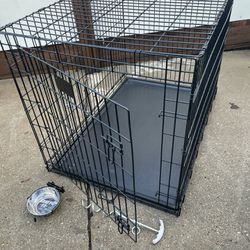 42” XL Folding Dog Crate 71-90 lbs. Strong Cage. Free New Bowl & Tie Out Stake