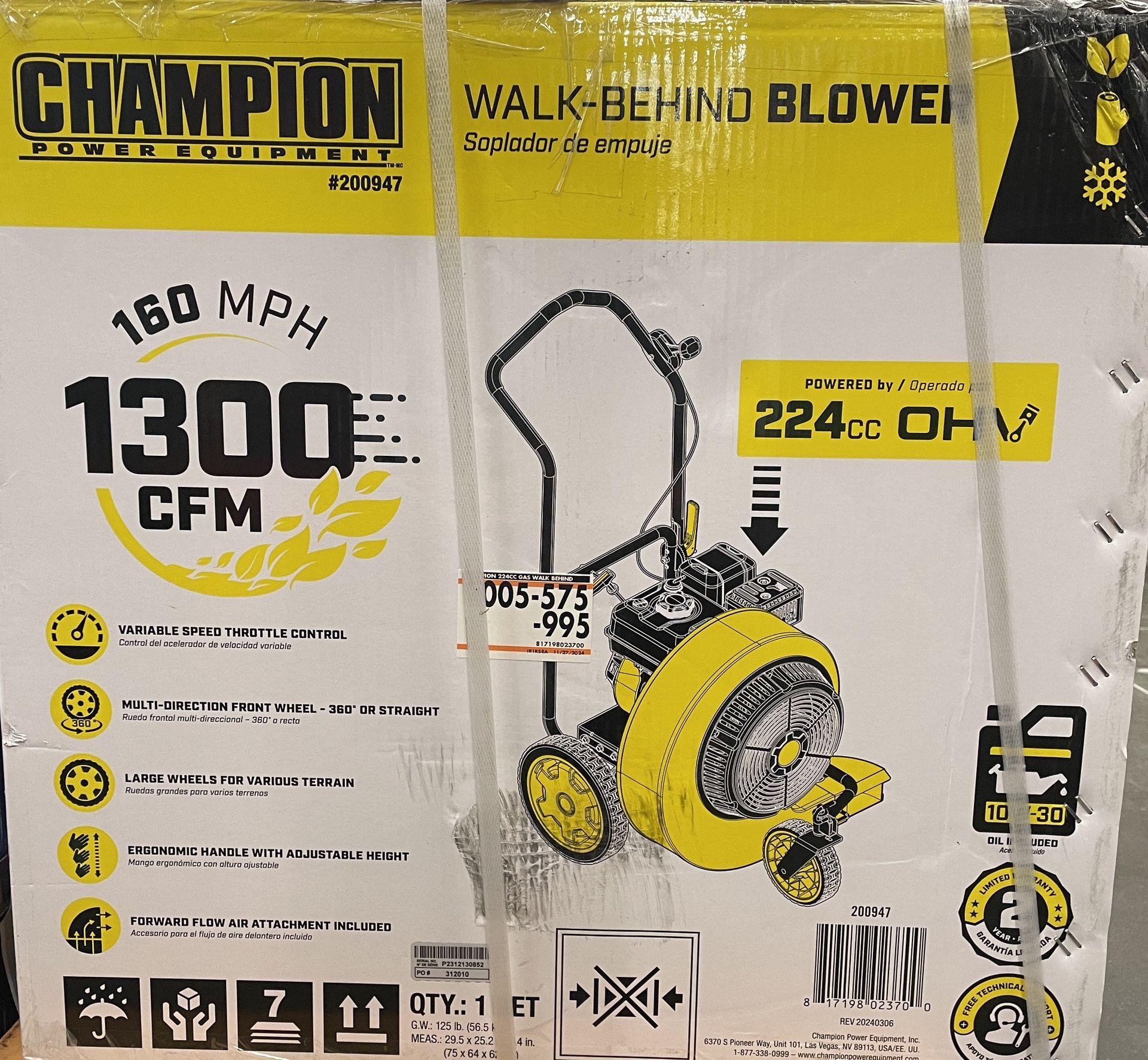 Champion Power 160 MPH 1300 CFM 224 cc Walk-Behind Gas Leaf Blower