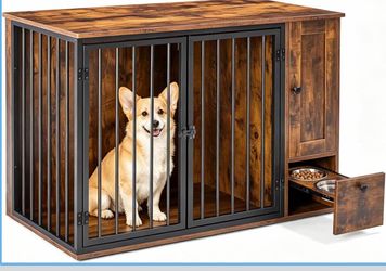Wooden Dog Crate Furniture with Feeding Station