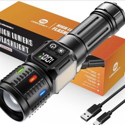 Rechargeable Flashlights High Lumens 10000, Super Bright LED Flash Light Long Lasting USB C LCD Display, Daul Light Source & Buttons with Red Light, f