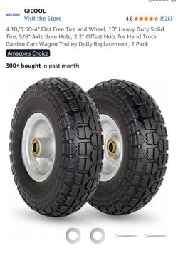 4.10/3.50-4" Flat Free Tire and Wheel, 10" Heavy Duty Solid Tire, 5/8" Axle Bore Hole, 2.2" Offset Hub, for Hand Truck Garden Cart Wagon Trolley Dolly