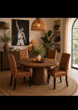 Brown PU Leather Dining Chairs – Tufted Upholstered Kitchen Chairs w/ Wood Legs - Set of 4