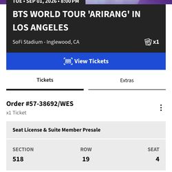 BTS World Tour Arirang Concert 9/1 1 ticket