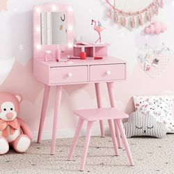 Kids Vanity Set and Mirror, Wooden Pretend Play Vanity Table and Chair Set for Girls with Stool, Drawer, Princess Makeup Dress-Up Toy for Toddlers 3+Y