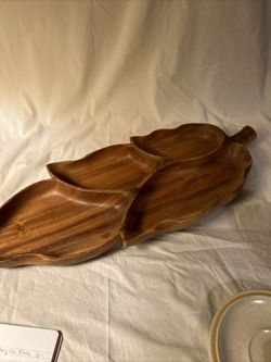 Mid Century MCM Vintage Monkey Pod Wood Serving Tray Divided Dish Bowl Leaf