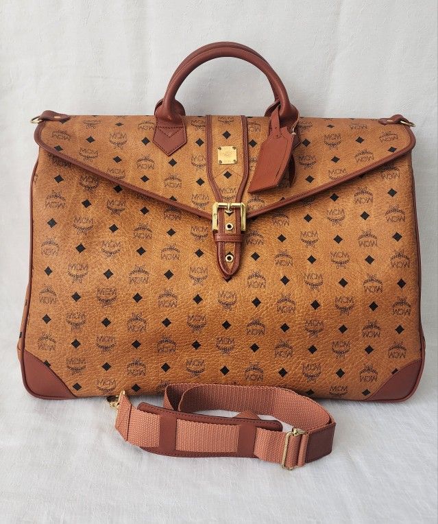 Auth MCM Visetos Cognac Travel Boston Bag