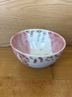 Anthropologie Pink and White Ceramic Bowl with Gold Accents, Made in Portugal