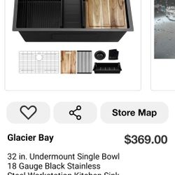 Glacier Bay
32 in. Undermount Single Bowl 18 Gauge Black Stainless Steel Workstation Kitchen Sink
 NEW OPEN  BOX ITEM NEVER USED BEFORE