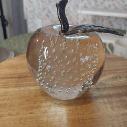 Glass Apple Paperweight Bullicante Controlled Bubbles Brass Leaf & Stem vintage