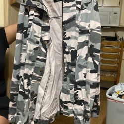 Camouflage denim, gray, and pinkish jacket