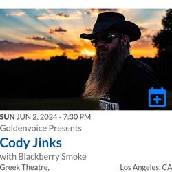 Cody Jinks & Blackberry Smoke, 2 Concert Tickets June 2nd Greek 