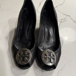 Tory Burch Black Logo Wedges