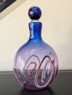 Signed Adam Jablonski Purple Blue Art Glass Decanter with White Trailing