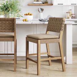 Open Box "Nathan James Cohen Leather Bar Stool Counter Height Chair, Natural Brown, 1 count, Barstool - 24"" Mid-Century Modern Woven Leather Back Sol