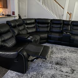 Black Leather Sectional Couch With Reclining Chairs