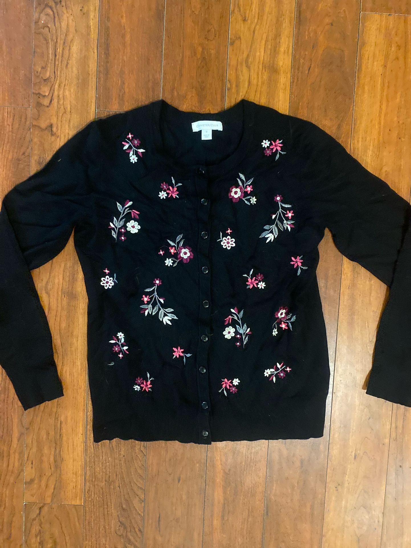 Black Charter Club Cardigan With Flower Embroidery Size Small