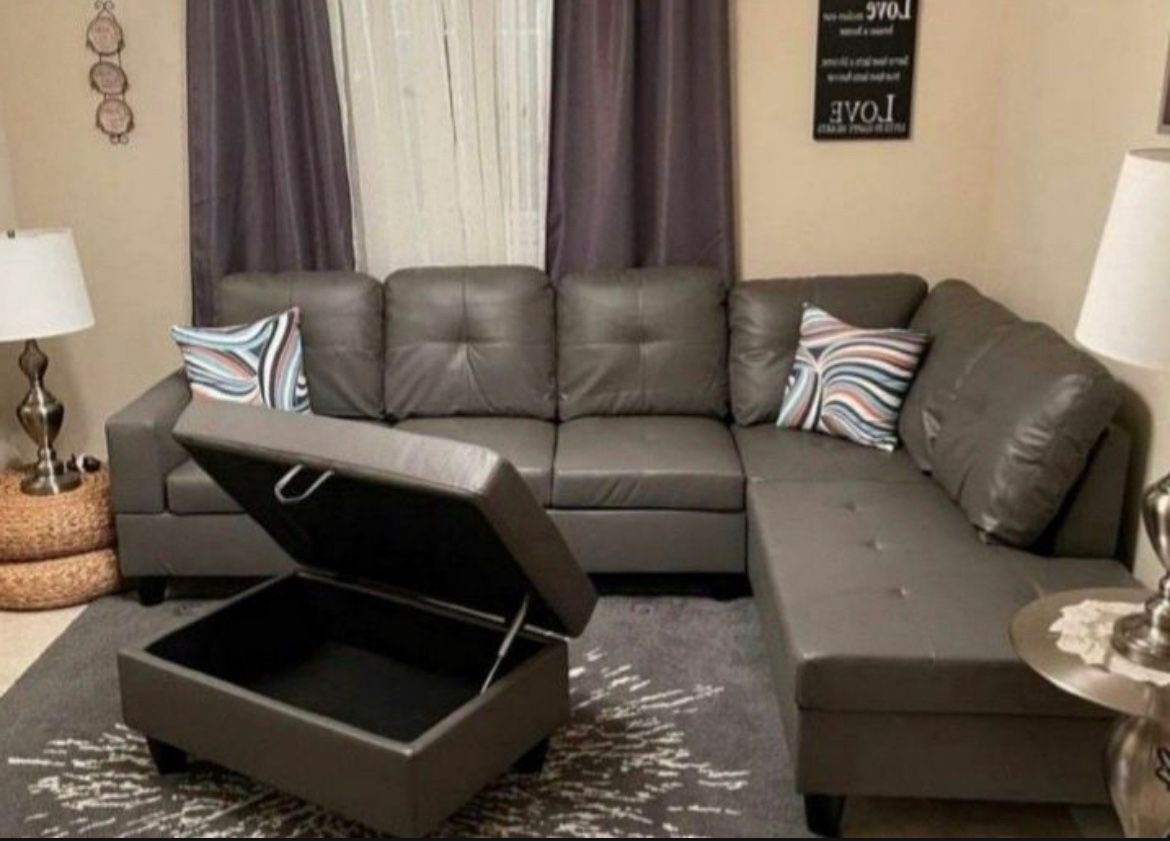 New Gray Leather Sectional Couch Sofa With Free Storage Ottoman And Pillows