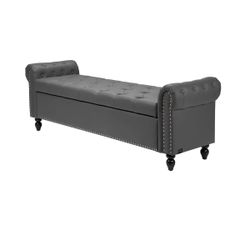 Button-Tufted Storage Ottoman Bench Rolled Arm PU Leather Wood Legs 36 in x 18 in