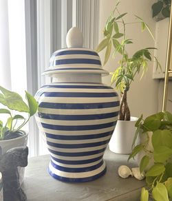 Contemporary blue and white striped ceramic temple