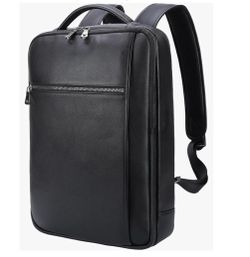 Masa Kawa Slim Genuine Leather Business Backpack 15.6" Laptop Bag for Men Women Office Work Travel Small Thin Computer Casual Daypack, Black