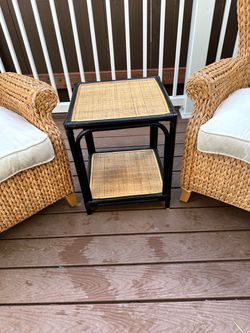 Woven Seagrass Wingback Armchairs with Black Rattan Side Table