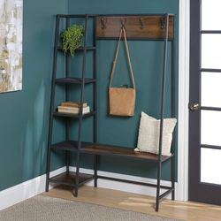72" Bench Hall Tree Storage Coat Rack with 5 Shelves Entryway, Walnut Brown