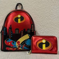 Loungefly Disney Pixar The Incredibles Family Metallic Mini Backpack and Wallet Set