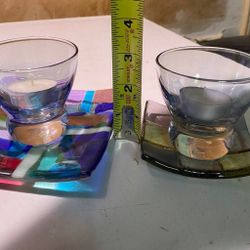 Beautiful Recycled iridescent glass votive/tea light candle holders & trays set. 