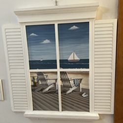 Wall Decor Coastal Shutter Window Scene of Beach & Sailboats.