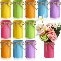 Domensi 4.33 Inch High Farmhouse Vase Decor Vintage Flower Vase with Twine Bow Rustic Galvanized Metal Buckets for Artificial Flowers for Table Center