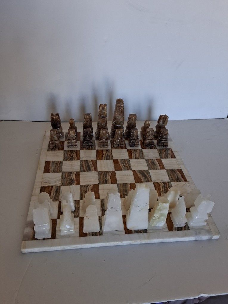 Stone Chess Set Pieces and Board Aztec Mayan