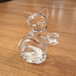 Vintage Clear Art Glass Cat Holding A Bowl Paperweight Figurine 