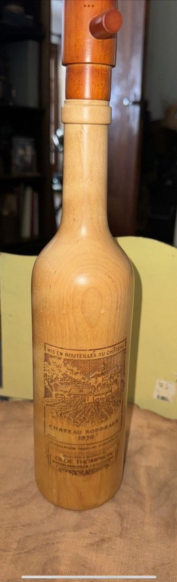Vintage 1970 Chateau Bordeaux Wine Bottle Pepper Mill Grinder Wood. Rare.