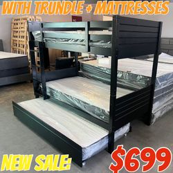 NEW TWIN TWIN BUNKBED WITH TRUNDLE + MATTRESSES