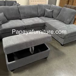 New! Plush Sectional Sofa With USB Charger, Cordoroy Couch, Grey Sofa, Grey Sectional, Grey Couch, Light Grey Sofa Couch And Storage Ottoman, Couch