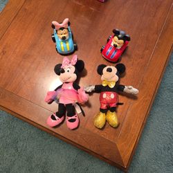 Disney Minnie Mouse And Mickey Mouse Rubber Cars And Two Plush Characters SEE DESCRIPTION 