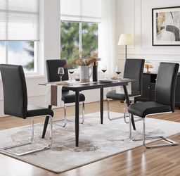 5 PCs Dining Set, Black Modern Sintered Stone Top Dining Table & 4 Black Dining Chairs with C Base