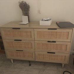 Must go by sat: Modern Oak & Cane 6-Drawer Dresser (Boho / Mid-Century Style)