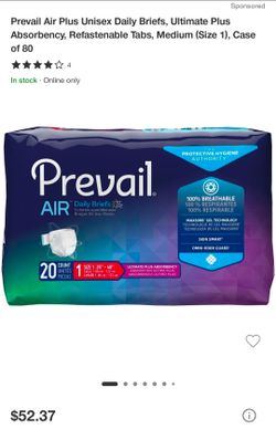 Prevail Air Plus Unisex Daily Briefs , Ultimate Plus Absorbency, Refastenable Tabs, Medium (size 1) Case of 80