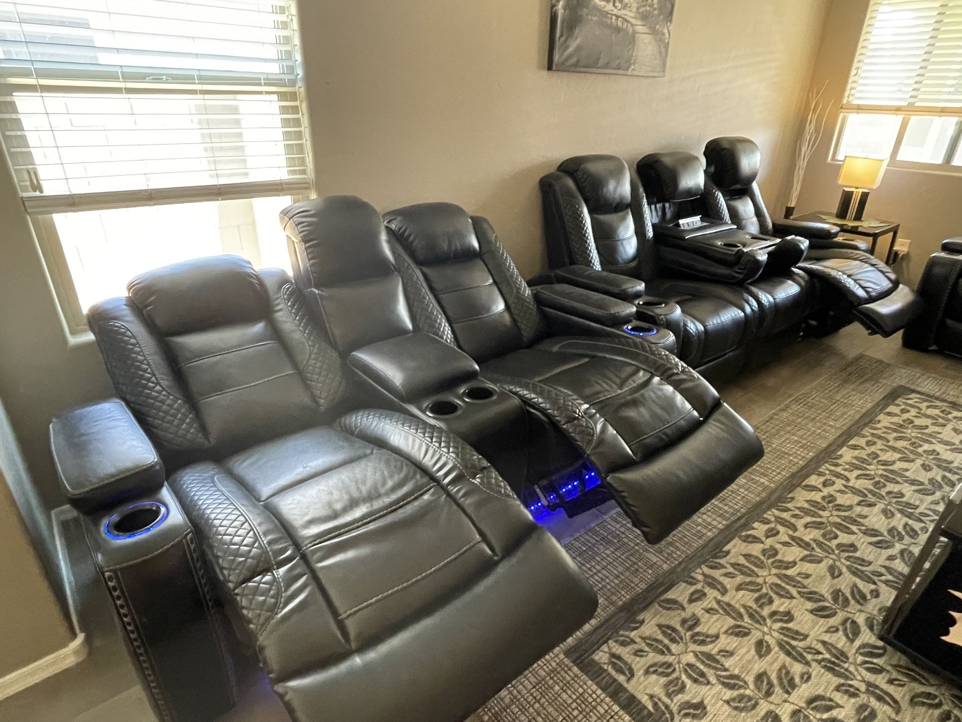 Black Movie Theater Leather Sectional W/recliner and blue LED lights