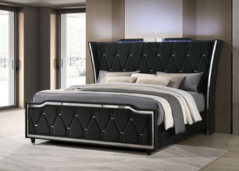 Lorient Black Eastern King LED Upholstered Bed