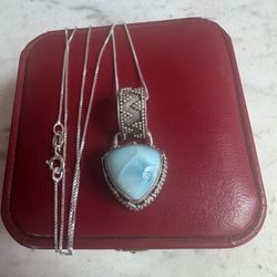 925 Sterling Silver triangle shaped natural Larimar necklace , NOT cracked , large bale , marked 925